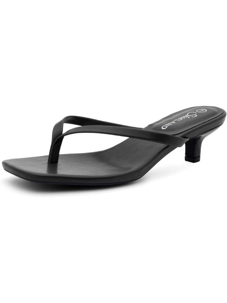 Women's Black Kitten Heels Square Open Toe Flip Flop Heels 1.75 Inch Low Heeled